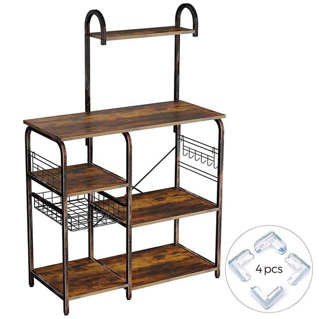 Rolanstar Kitchen Baker's Rack, Large Capacity Utility Storage Shelf, Microwave Stand with 7 Shelves and 12 Hooks, Foldable Pull Basket, Stable Retro Metal Frame