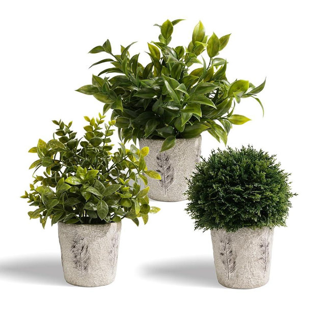 PENGYEE 3 Pack Small Fake Plants in Farmhouse Concrete Planter, Artificial Plants Indoor for Home Decor, Small Faux Plants Indoor for House Bathroom Office Shelf Desk Kitchen Table Room Decor