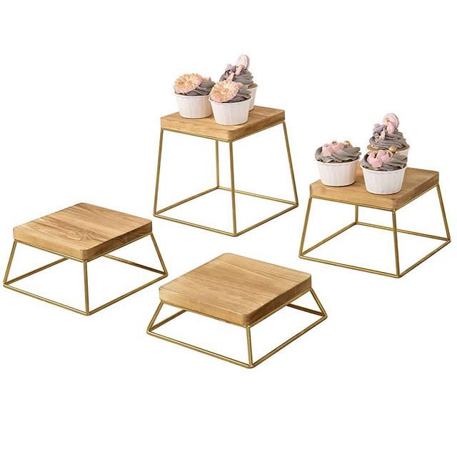 MyGift Burnt Wood & Gold Metal Wire Square Retail Food Display Risers/Pizza Stands, Set of 4