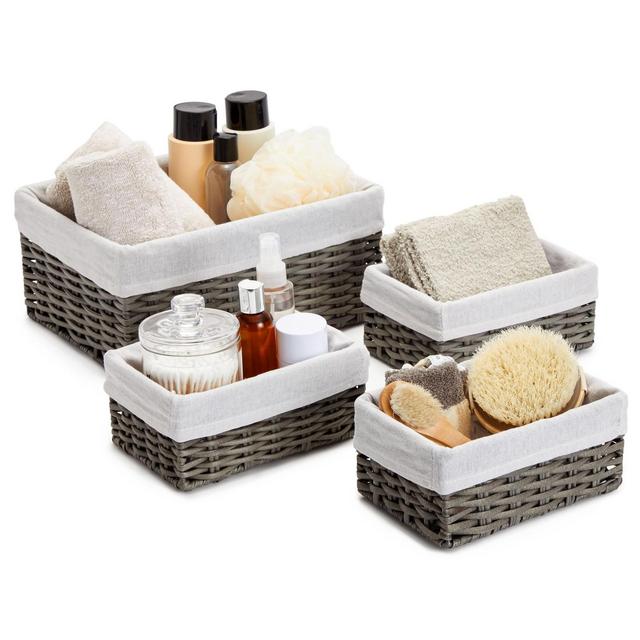 Farmlyn Creek Set of 4 Wicker Storage Baskets with Liners for Shelves, Decorative Woven Nesting Bins for Organizing Pantry, 2 Sizes