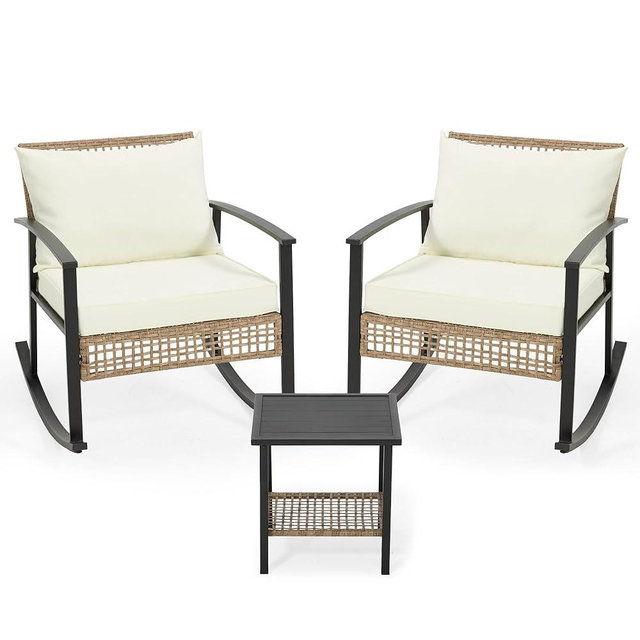 AVAWING 3 Pieces Rocking Bistro Set, Outdoor Rattan Patio Rocking Chairs Set of 2 and 2-Tier Coffee Table, Modern Furniture Oversized Conversation Set for Balcony, Porch, Garden (White)