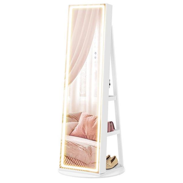 SONGMICS LED Mirror Jewelry Cabinet Standing, Lockable Jewelry Armoire with Full-Length Mirror and Adjustable LED Lights, Space-Saving Jewelry Organizer with Mirror, Christmas Gifts, White