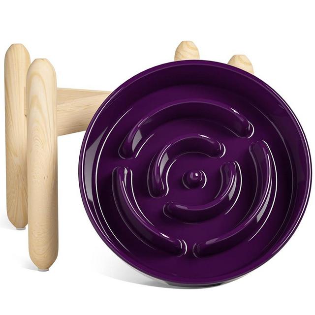 LE TAUCI Ceramic Slow Feeder Dog Bowls Elevated, 3 Cups Raised Dog Bowl with Wooden Stand for Medium Large Breed, Dog Dishes to Slow Down Eating, Puzzle Dog Food Bowl, Maze Purple