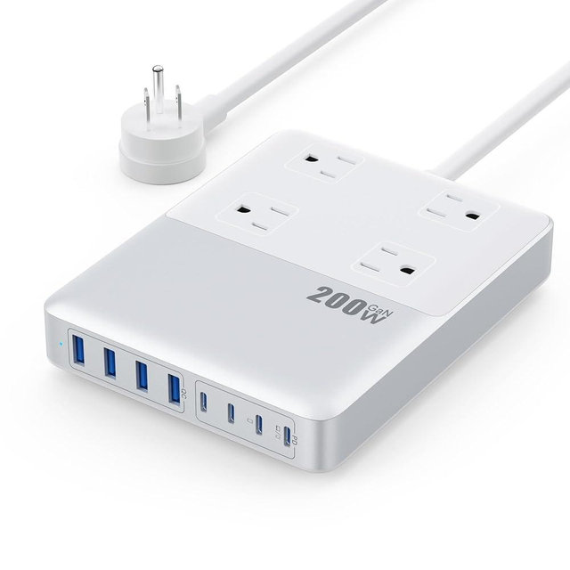 12-in-1 Charging Station USB C Power Strip with 5ft Cord,200W GaN IV USB C Charger Block,4 AC Outlets,8 USB for MacBook,iPhone 16/15/14,Fast Charging Desktop Charger for Office (A-White)