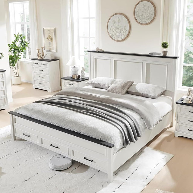 JXQTLINGMU Farmhouse King Wood Bed Frame with 52" Tall Headboard & 20" H Footboard, Platform Bedframe with Hidden Storage Drawers, Noiseless, No Box Spring Required, Off White