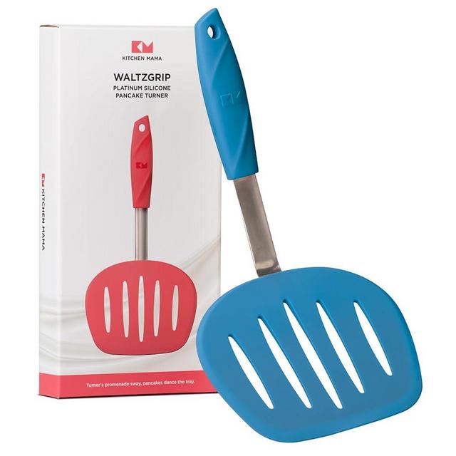 Kitchen Mama WaltzGrip Platinum Silicone Pancake Spatula Turner: Heat-Resistant, Slotted Tapered Head, Stainless Steel Core, Durable, Dishwasher-Safe, Ideal for Flipping and Wok Use (Blue)