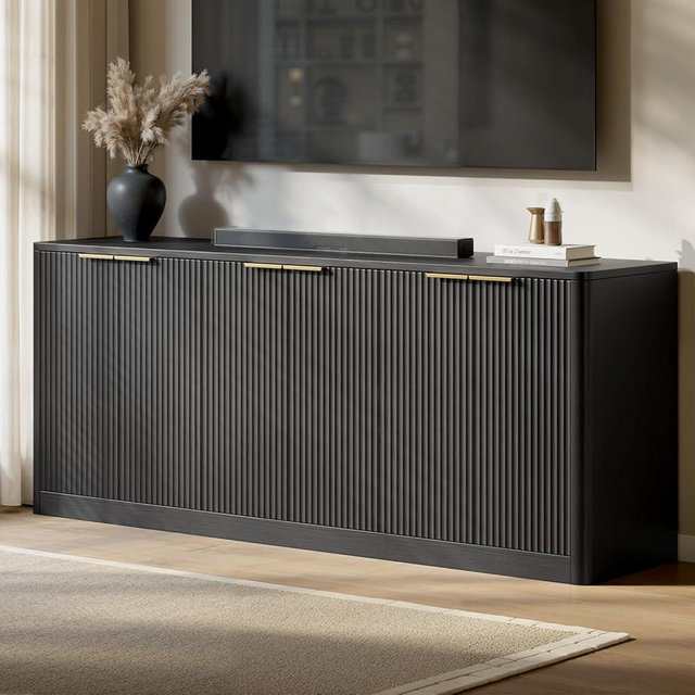 Evermagin 67" Black Fluted TV Stand for TVs up tp 75", Mid-Century Modern Entertainment Center with Storage Cabinets and Fluted Doors, Wood Media TV Consoles for Living Room and Bedroom Furniture