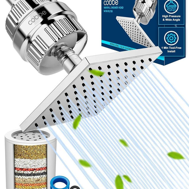 Cobbe High Pressure Filtered Shower Head Combo, Rain Shower Head with 20 Stage Shower Head Filter for Hard Water - Adjustable Replacement Remove Chlorine and Harmful Substances, Chrome