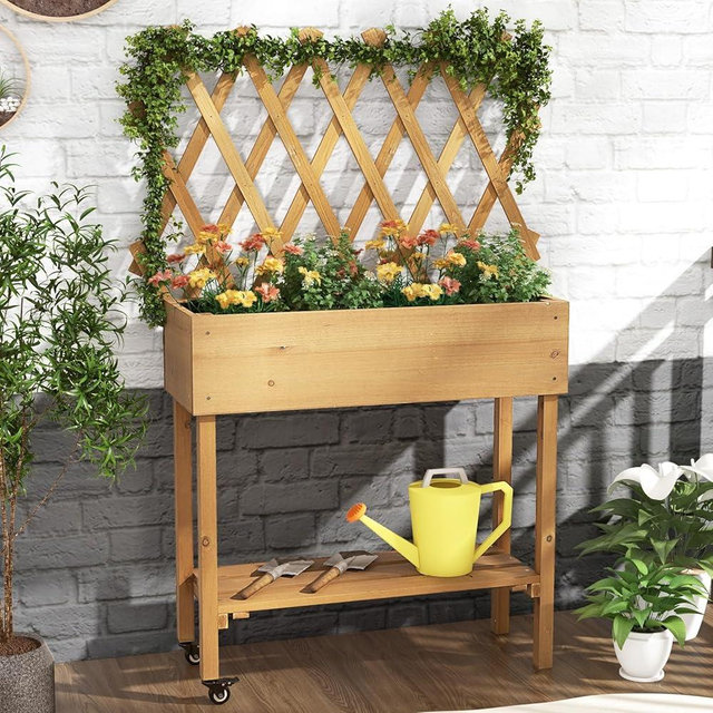 Toolsempire Raised Garden Bed with Trellis, Fir Wood Elevated Planter Bed with Legs, 2 Lockable Wheels & Storage Shelf, Wooden Planter Box Raised Bed for Gardening, Backyard, Balcony & Greenhouse