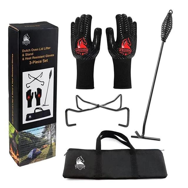 IPROUDER Dutch Oven Lid Lifter, Dutch Oven Lid Stand and Heat Resistant Gloves, Pot Stand, Trivet for Camping, Dutch Oven Tool Combo, Camp Cooking Accessories