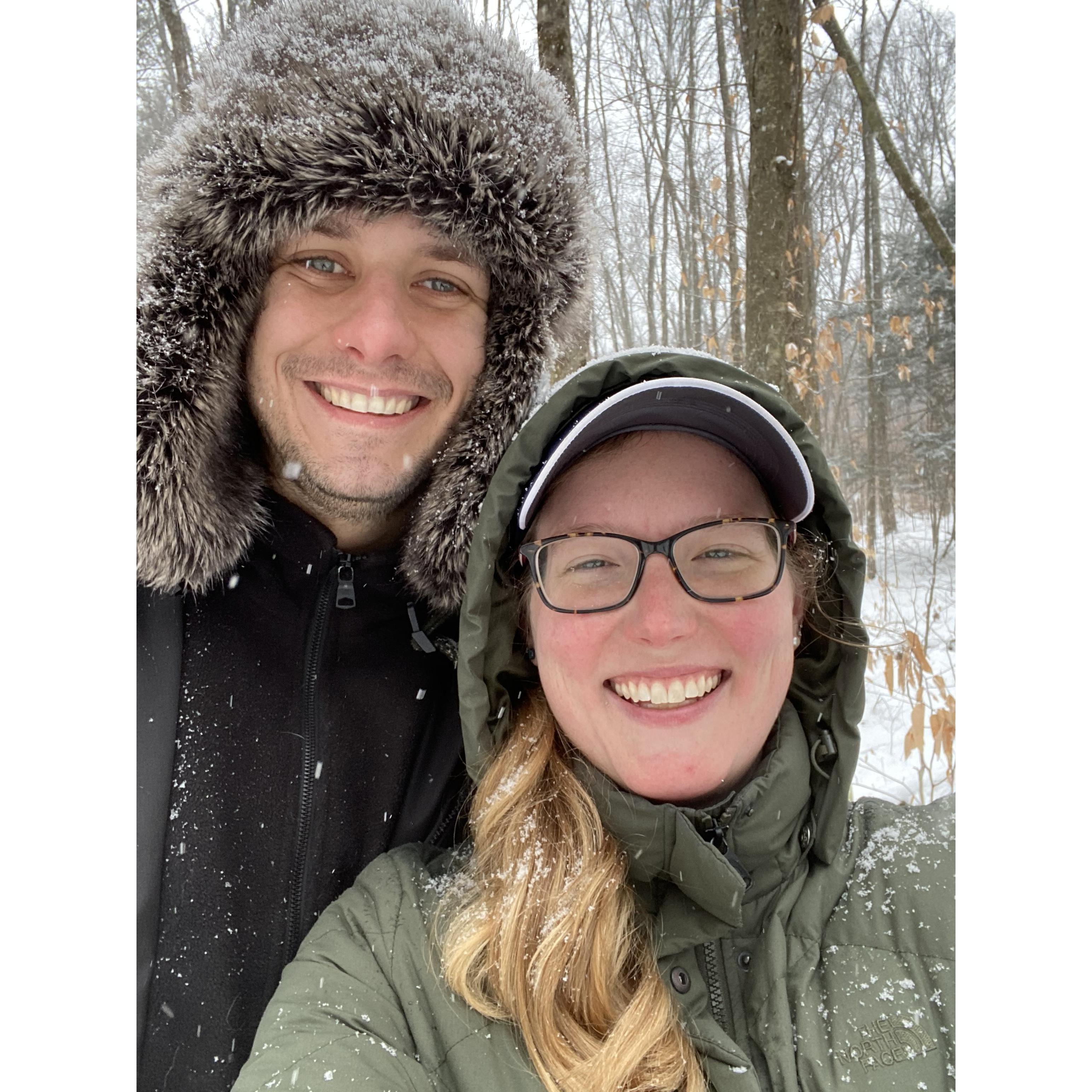 Walking the dogs in the trails off the last property we lived at in Amherst MA Winter of 2020