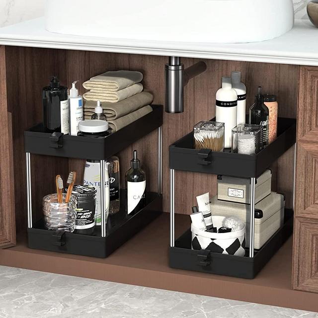SPACEKEEPER Under Sink Organizer, 2 Tier Under Sink Storage Organizer, Bathroom Standing Rack, Bath Collection Slide-out Baskets with Hooks, Multi-purpose Storage Shelf, Black, 2 Pack