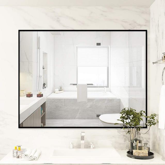 Large Modern Black Aluminum Wall Mirror 30"x40" Glass Panel Vanity or Mirrors for Wall, Rectangle Hangs Horizontal or Vertical