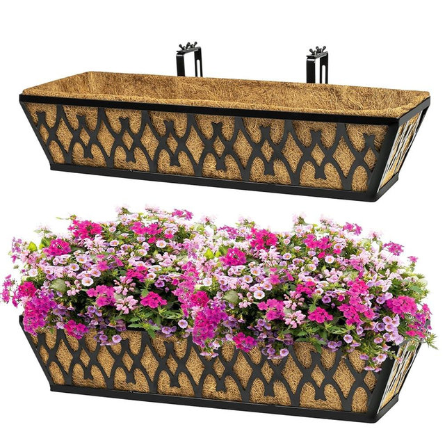 Karlliu 2 Pack 24 Inch Window Boxes Planters Railing Planter Box with Adjustable Brackets for Porch Fence Patio Balcony Hanging Flower Baskets with Coco Liners for Outdoor Garden Décor