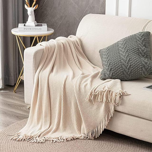 LIFEIN Super Soft Knit Throw Blanket for Couch - Cozy Woven Fall Lightweight Blanket, Farmhouse Chenille Boho Decor Blankets Throws with Tassels for Bed,Chair,Sofa ( Beige White, 5060 inches)
