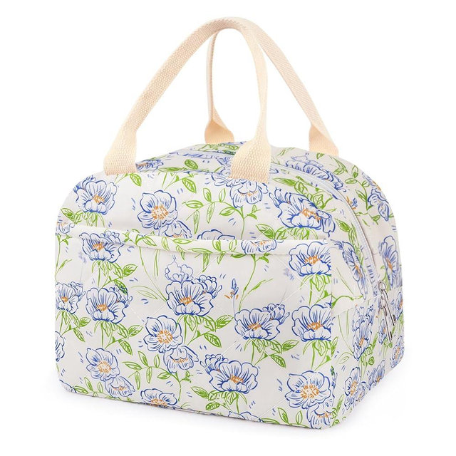 Cotton Quilted Insulated Lunch Bag, Cute Quilted Floral Lunch Tote Bags Reusable Insulated Lunch Box Coquette Aesthetic Large Capacity Insulated Cooler for Women Work Travel Picnic (Blue Flower)
