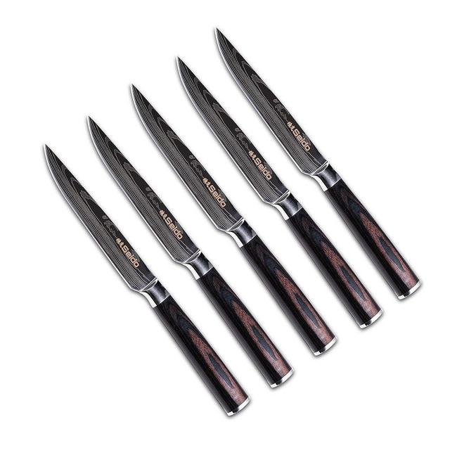 Seido Knives 5-Piece Straight-Edge Steak Knives Full-tang Ergonomic Pakkawood Handle - Stainless Steel Damascus Etched Baldes