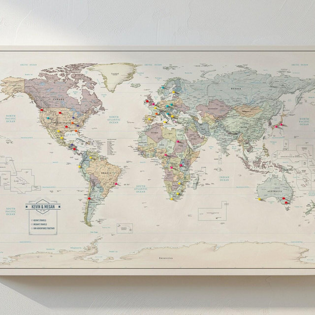 Muted Tones Push Pin Travel Map with Pins - 24x36" or 24x16" Travel Map Canvas Pin Board