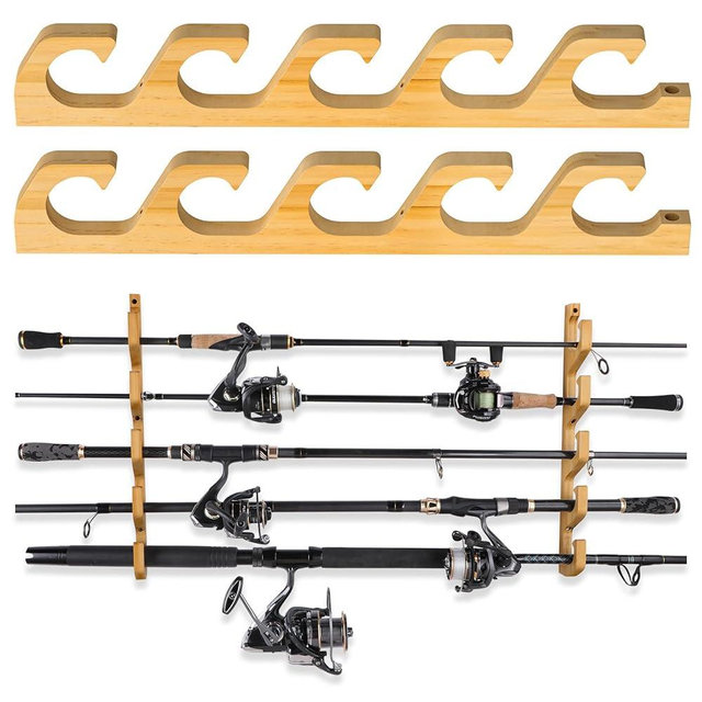 PLUSINNO WH5 Horizontal Fishing Rod/Pole Holders for Garage, Wall or Ceiling Mounted Rack, Solid Wood Fishing Rod Holder Holds up to 5/10/20 Rods or Combos Fishing Gear, Gifts for Men