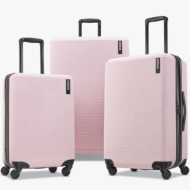 American Tourister Stratum XLT Expandable Hardside Luggage with Spinner Wheels, Pink Blush, Checked-Large 28-Inch