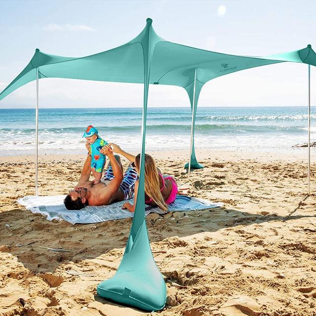 SUN NINJA Pop Up Beach Tent Sun Shelter with Sand Shovel, Ground Pegs,and Stability Poles, Outdoor Shade for Camping Trips, Fishing, Backyard Fun or Picnics (10x10FT 4 Pole, Green)