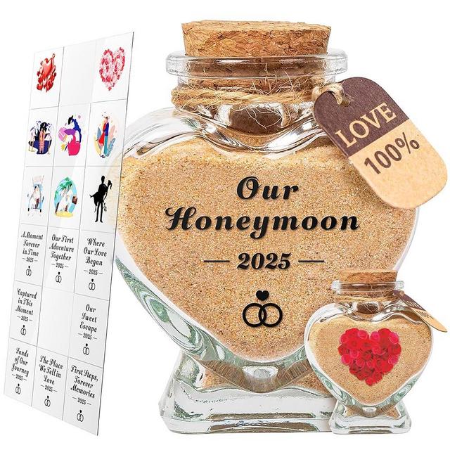 Azrra Honeymoon Sand Keepsake Jar 2025, Bridal Shower Gifts, Honeymoon Essentials for Newlywed, Engagement, Wedding Gifts for Couples 2025, Heart Shaped Jar with DIY Stickers & Gift Box