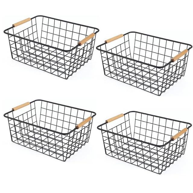 Wire Basket 4 Pcs Wire Storage Baskets Wire Baskets Organizing with Wooden Handles Wire Basket Pantry Organization and Storage Metal Wire Food Storage Basket for Kitchen, Cabinets (Black 4PCS)