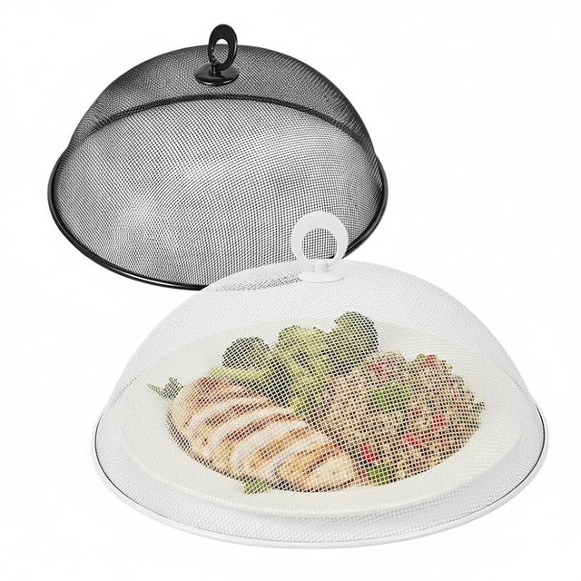 MAGICLULU 2-Pack Metal Mesh Food Covers, 11.8-Inch Net Dome Plate Fly Tents, Outdoor Plant Seedling Protectors for Picnic, BBQ, Garden and Kitchen (Black, White)