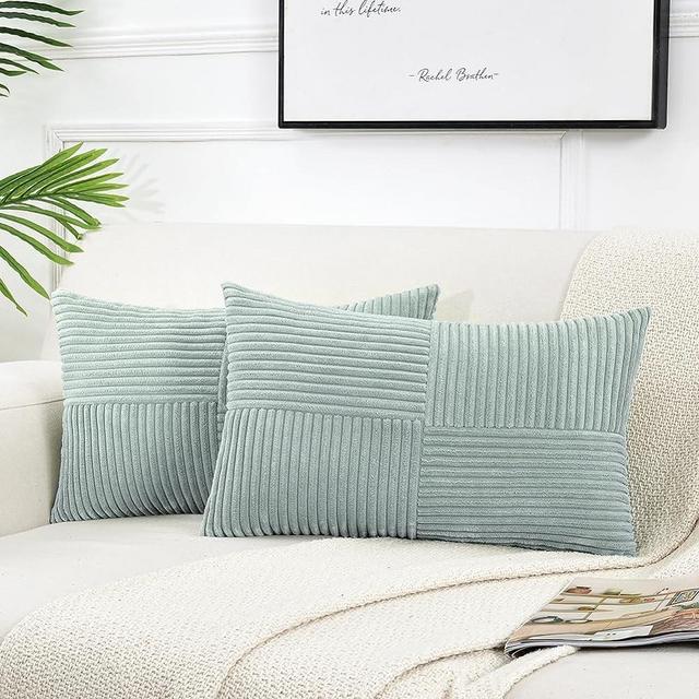 Fancy Homi 2 Packs Grey Blue Lumbar Decorative Throw Pillow Covers 12x20 Inch for Couch Bed Sofa, Rustic Farmhouse Boho Home Decor, Soft Striped Corduroy Rectangle Accent Cushion Case 30x50 cm