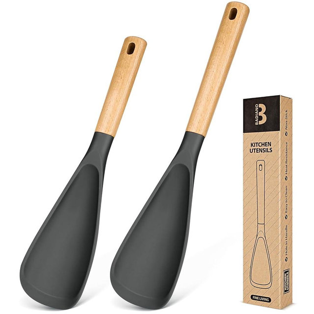 Multifunction Spoon for Nonstick Cookwares, Great for Cooking and Serving, Sturdy BPA-Free Matte Silicone, Wood Handle Spoonula for Mixing, Scoop, and Scrape, Grey(2 pack,11.4" & 13.4")