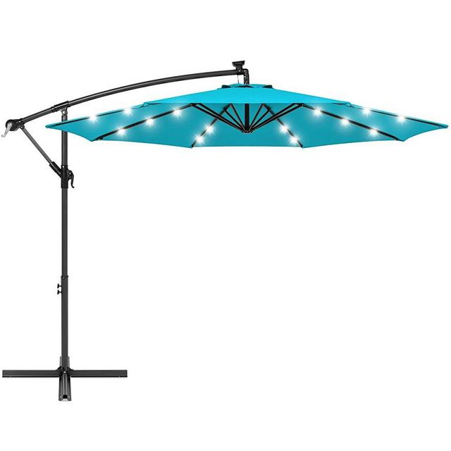 Best Choice Products 10ft Solar LED Offset Hanging Market Patio Umbrella for Backyard, Poolside, Lawn and Garden w/Easy Tilt Adjustment, Polyester Shade, 8 Ribs - Sky Blue
