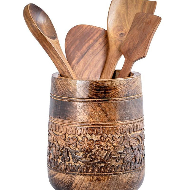 Mie Creations Rustic 7'' Large Utensil Crock Holder for Kitchen Countertop | Wooden Cooking Spatula Organizer for Party, Floral Hand carving Utensils Caddy, Vintage Kitchen Counter Decor- Dark Brown