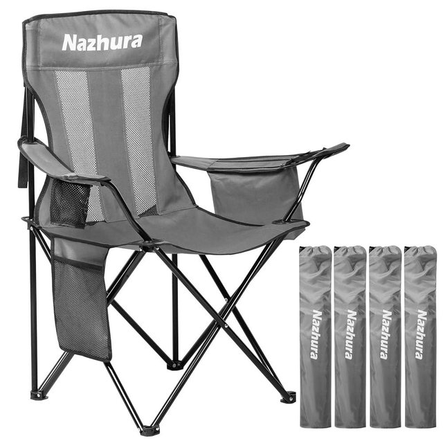 Nazhura 4 Pack Folding/Foldable/Portable Outdoor Camping Chair with Cooler Pouch, Mesh Backrest and Cup Holder Pocket (Grey) (Grey, 4 Pack)
