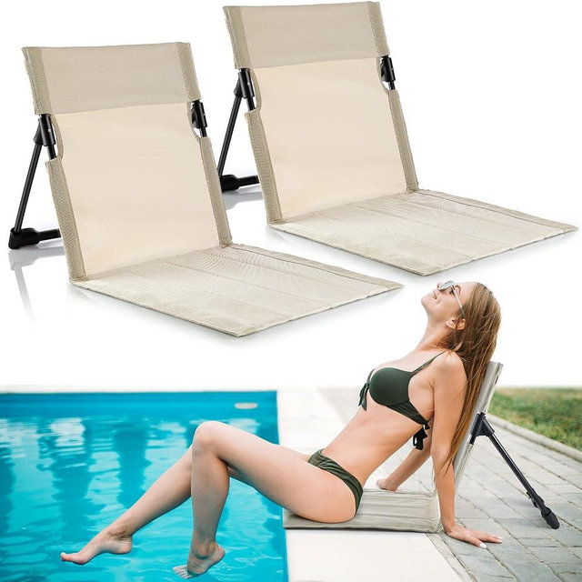 Karenhi 2 Pcs Foldable Seat for Poolside Chairs Foldable Pool Chair Portable Flip Chairs for Poolside Beach Camping Picnic Tailgate Pool Accessories Pool Seats for Edge of Pool (Light Beige)