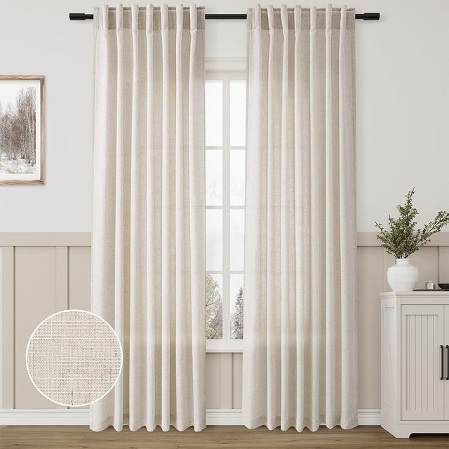 Back Tab Linen Beige Curtain Panels 84 Inches Long Light Filtering Semi Sheer Pleated Drapes for Living Room Faux Linen Blend Country Rustic Farmhouse Privacy Canvas Cloth Window Curtain Set of 2