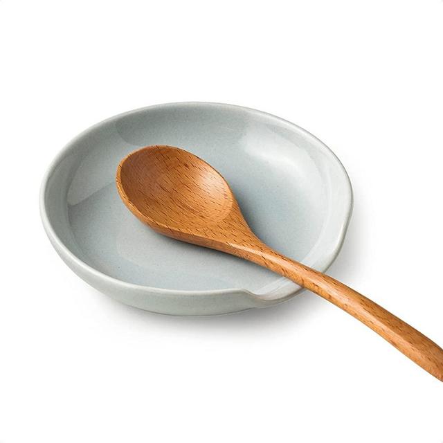 Ceramic Spoon Rest for Kitchen Counter, Kithcen Spoon Holder for Stove Top, Cooking Utensil Rest with Drip Tray for Ladles, Tongs & Spatula, Dishwasher Safe, Light Gray
