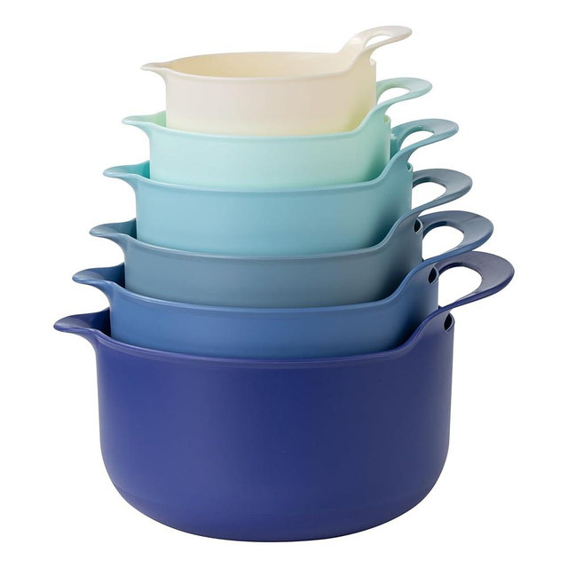 COOK WITH COLOR Nesting Plastic Mixing Bowl Set with Pour Spouts and Handles, Blue, 6 Piece Non-Slip