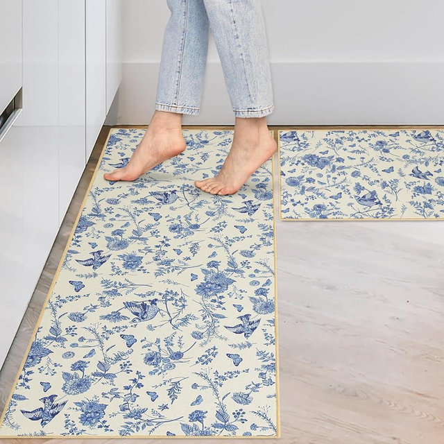 JarThenaAMCS Blue Floral Kitchen Mats Chinoiserie Flower Bird Kitchen Rugs Anti-Slip Rectangle Floor Mats for Party Home Entrance Decor, Set of 2