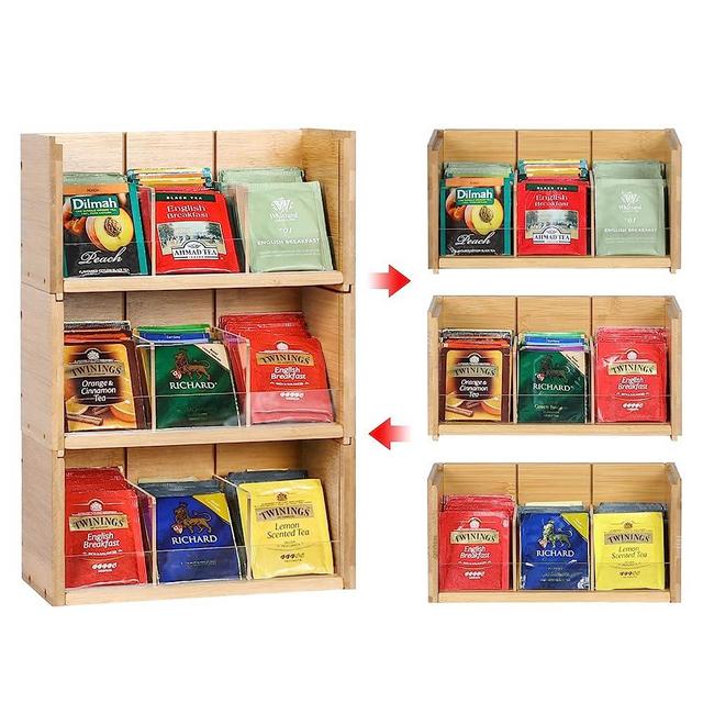 Bamboo Tea Bag Organizer Storage Box 3 Tier Stackable Tea Bag Holder Tea Caddy Box Containers Tea Packet Rack Teabag Shelf for Office Kitchen Cabinet Pantry