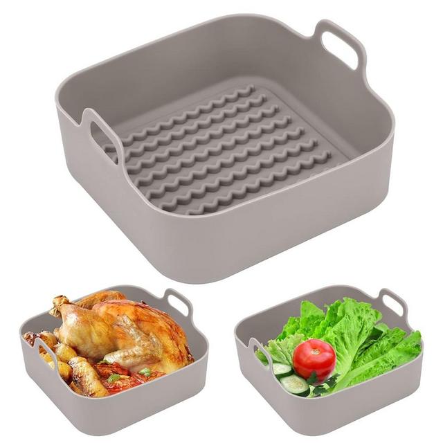 Air Fryer Silicone Pot, Replacement for Paper Liners, Removable Square Silicone Air Fryer Basket with Handle, Silicone Bowl for Air Fryer Oven(Beige)