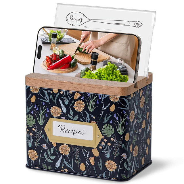 Cabbrix Recipe Box with 50 Cards and 24 Dividers, 4x6 Recipe Card Box Set, Wooden Lid with Phone Holder and Recipe Holder, Beautiful Metal Recipe Organizer, Floral