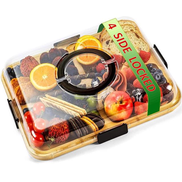 Charcuterie Board with Clear Lid, Travel Portable Cheese Board Charcuterie Boxes Cutting Boards for Kitchen, House Warming Gifts New Home, Gifts for Women, 6 Comparts, 4-Sided Airtight Buckle Locks