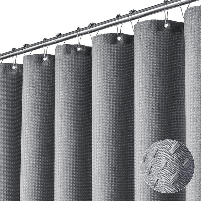 Dynamene Stall Fabric Shower Curtain - 36x72 Waffle Weave Heavy Duty Cloth Shower Curtains for Bathroom, Neutral Weighted Hotel Spa Luxury Bath Curtain Set with 6 Plastic Hooks,Grey/Gray