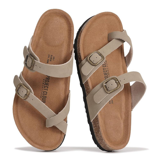 Project Cloud 100% Genuine Leather Womens Sandals -Lightweight Womens Slides Memory Foam Insole & Cork Footbed Sandals Women - Non-Slip Beach Essentials Summer Sandals for Women 2026 (Lian)