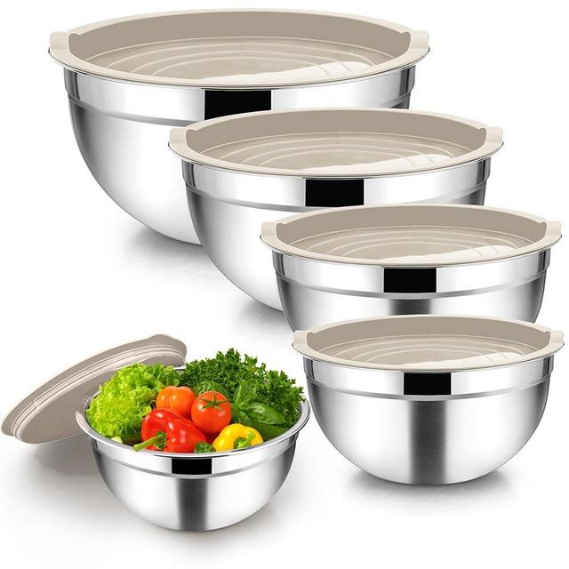 TeamFar Mixing Bowls with Lids, 5-Piece Stainless Steel Metal Nesting Salad Bowl for Mixing Prepping, Healthy & Heavy Duty, Airtight Lids & Dishwasher Safe, 4.5/3/1.5/1/0.7 QT-Khaki