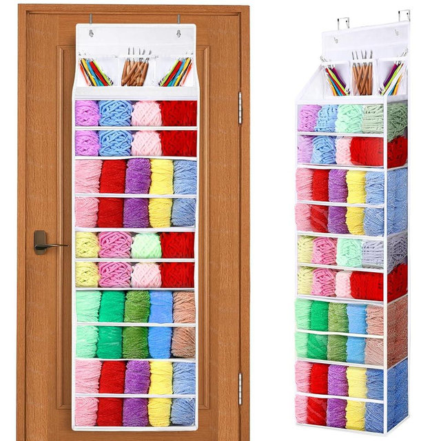 Mrnsta Hanging Yarn Storage Organizer - 6 Tiers Over the Door Yarn Crochet Organizer Shelves with 3 Top Knitting Needle Pockets, Large Capacity Clear Yarn ball Holder for Knitting Supplies