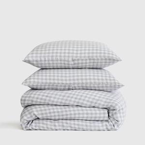 European Linen Gingham Duvet Cover Set in Blue Fog