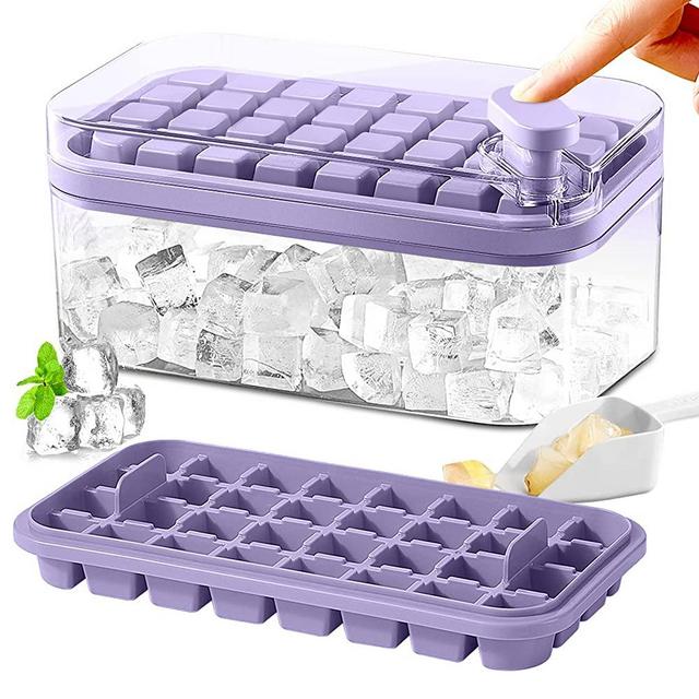Ice Cube Tray with Lid and Bin, 2 Pack Ice Cube Trays for Freezer, 64 Pcs Ice Cube Mold (Purple)