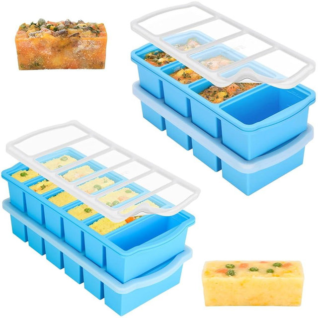 Silicone Freezer Trays with Lids, Set of 4.with 1 cup and 1/2 cup Silicone Freezer Molds for freezing soups, Large ice cube mold with reinforced steel ring, sauces and individual microwave safe