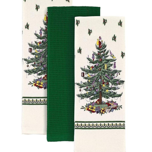 Spode - 3pc Towel Set, Soft & Absorbent Cotton Kitchen Towels, Holiday Home Decor Christmas Tree Collection
